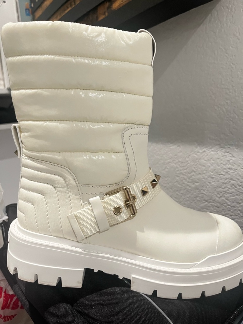 Valentino Garavani Ivory Quilted Lug-Sole Ankle Boots with Studded Strap